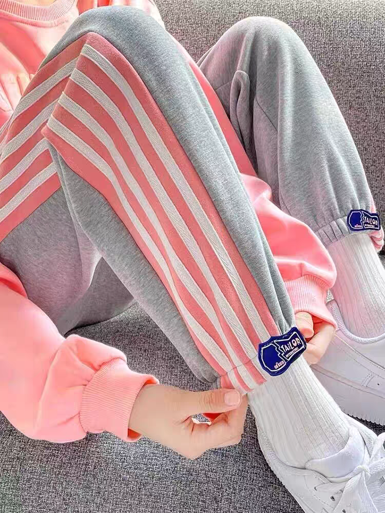 冬季加绒加厚裤子女学生韩版宽松高腰显瘦阔腿裤运动休闲束脚长裤