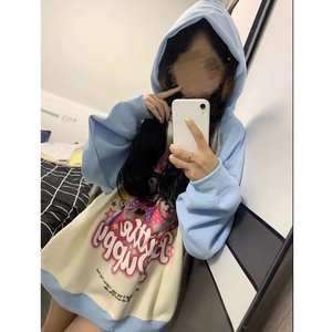 潮牌美式连帽插肩卫衣女春秋薄款长袖上衣设计感小众oversize外套