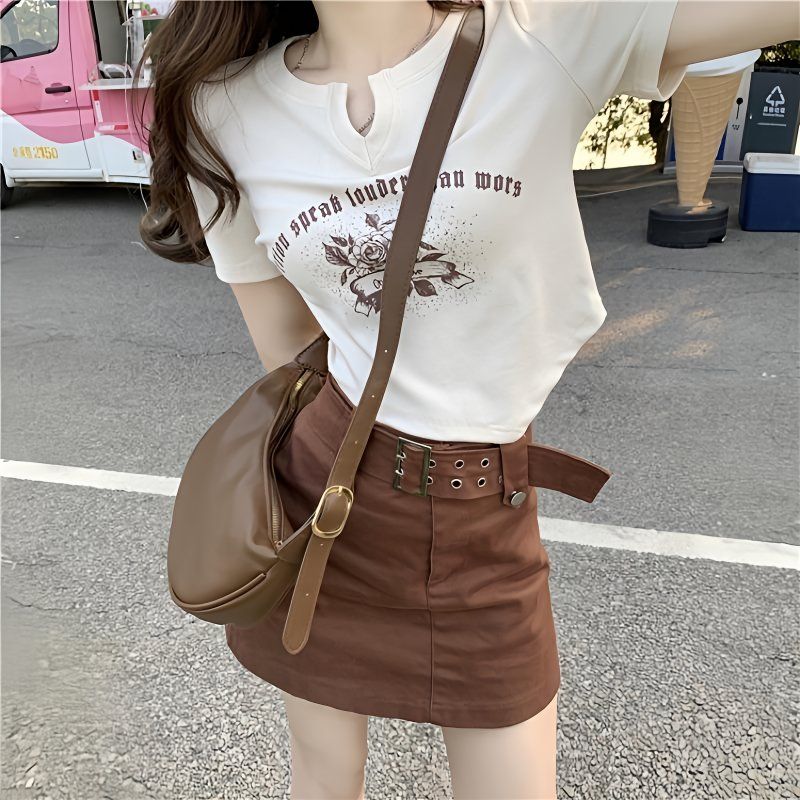 短款上衣ins风短袖t恤女美式2025年新款韩版正肩小众设计感不规则
