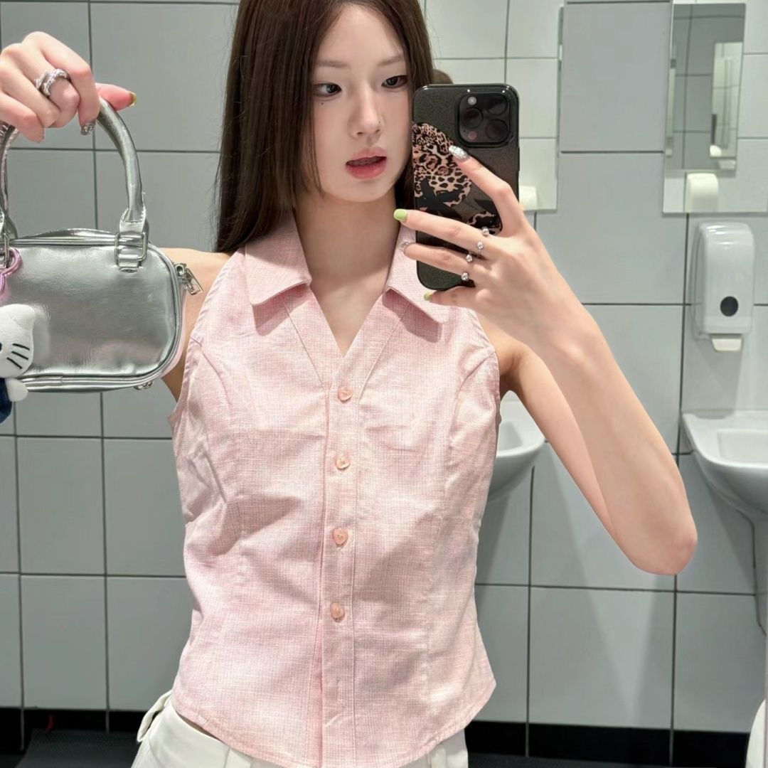 粉色polo领挂脖露肩无袖上衣女夏季法式修身短款外穿翻领吊带背心