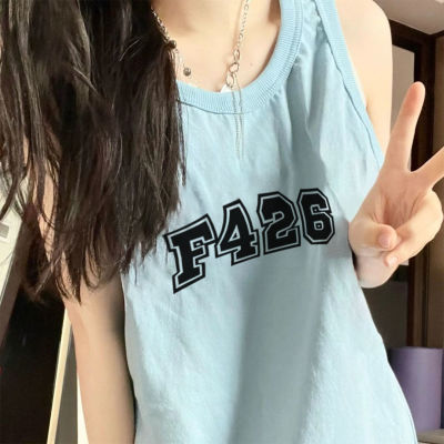 2023夏季新款慵懒风印花T恤女中长款宽松小背心遮屁股无袖上衣ins
