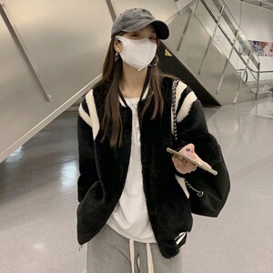 美式复古高级感拼接外套女冬季小个子时尚宽松加厚慵懒风棉服外套