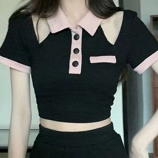 T恤女超火辣妹露脐上衣潮 超好看 短款 polo衫 港风复古原宿短袖