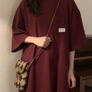 夏季 t恤女学生宽松百搭上衣ins潮 美式 复古高街复古简约酒红色短袖