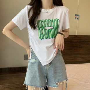 显瘦印花抽绳洋气开叉 小众设计感别致上衣短袖 T恤女夏季 新款 修身
