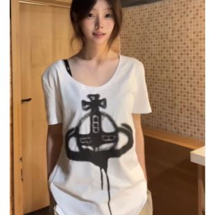 设计感小众上衣 白色大u领宽松土星印花短袖 t恤女2025新款 夏季 美式