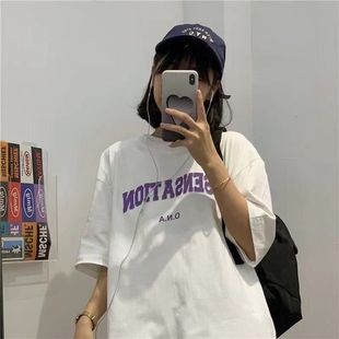 学生百搭原宿港风字母印花宽松休闲上衣潮 短袖 T恤女夏季 新款 韩版