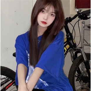 美式 上衣 复古克莱因蓝oversize短袖 t恤女宽松小众设计感半袖