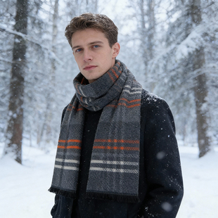 百搭围脖送爸爸礼盒装 羊毛保暖加厚时尚 冬季 上海故事格纹围巾男士