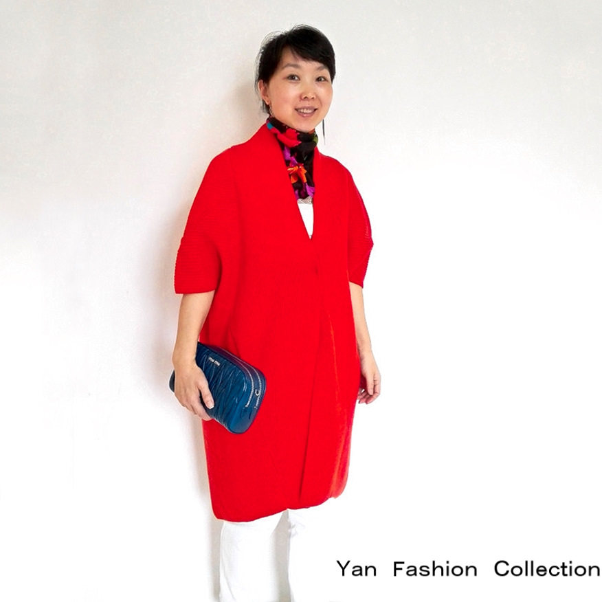 春秋款明艳羊毛针织外套女宽松厚款瑞丽茧型深V领中袖中长款开衫