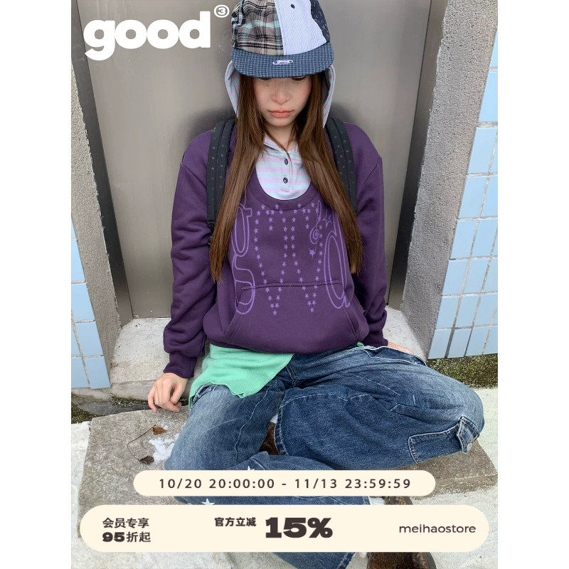美好商店MeihaoStore「葡萄梅子」古早条纹拼接good薄绒连帽卫衣