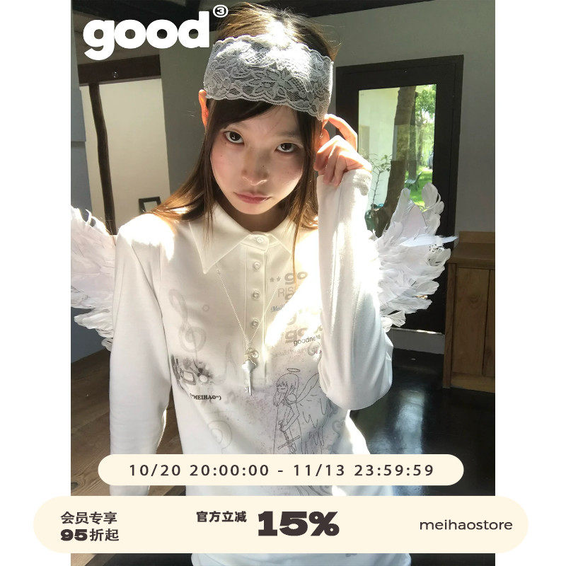 美好商店MeihaoStore「清晨的闹钟」亚萌感天使少女polo领长袖T恤
