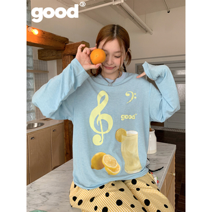 美好商店MeihaoStore一眼解腻「柠檬汽水」黄蓝撞色音符长袖T恤