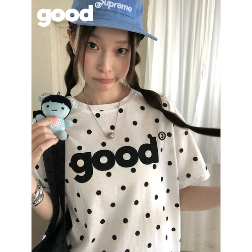 美好商店MeihaoStore「星期天」good白底黑波点宽松微透短袖T恤