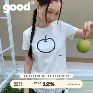 美好商店MeihaoStore创意苹果乱针刺绣微宽松小板型纯白短袖T恤