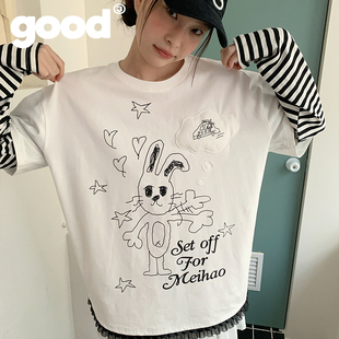 美好商店MeihaoStore招手打车小兔黑白条纹假两件长袖 T恤