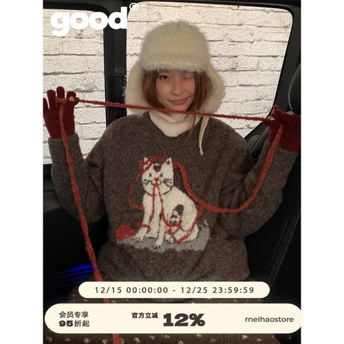 美好商店MeihaoStore「线团战争」玩毛线团的猫咪圆领套头毛衣