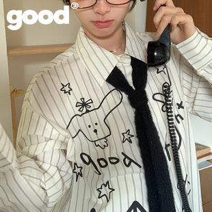 美好商店MeihaoStore可爱趣味涂鸦竖条纹杏色宽松长袖衬衫