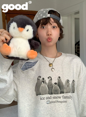 美好商店MeihaoStore「企鹅家族」破洞浅花灰色圆领套头卫衣