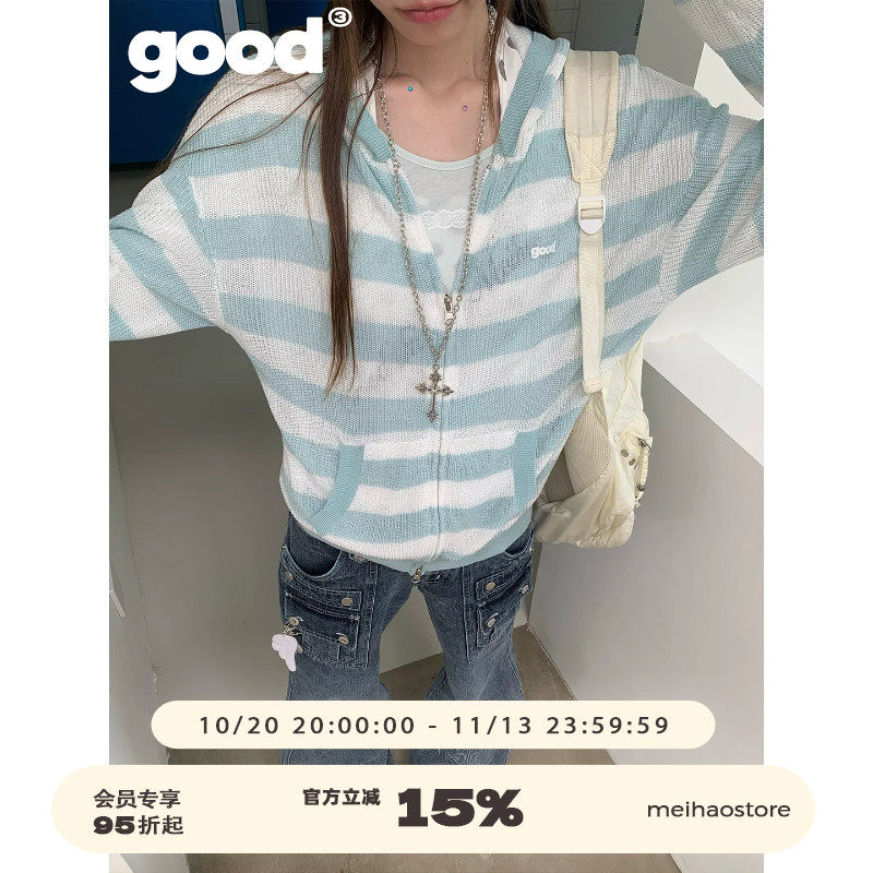 美好商店MeihaoStore「薄荷海风」韩系蓝白条纹薄款毛衣连帽外套