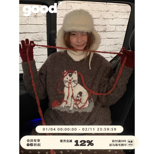 美好商店MeihaoStore「线团战争」玩毛线团的猫咪圆领套头毛衣