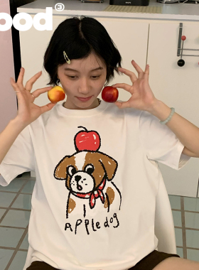 美好商店MeihaoStore苹果小狗apple dog印花全棉基础短袖T恤