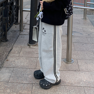 美好商店MeihaoStore花灰色good星星直筒休闲运动弹力腰加绒卫裤