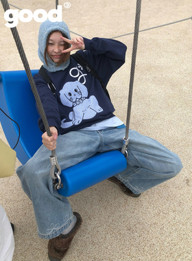 美好商店MeihaoStore「碎修狗」蓝色格纹贴布花环小狗套头卫衣