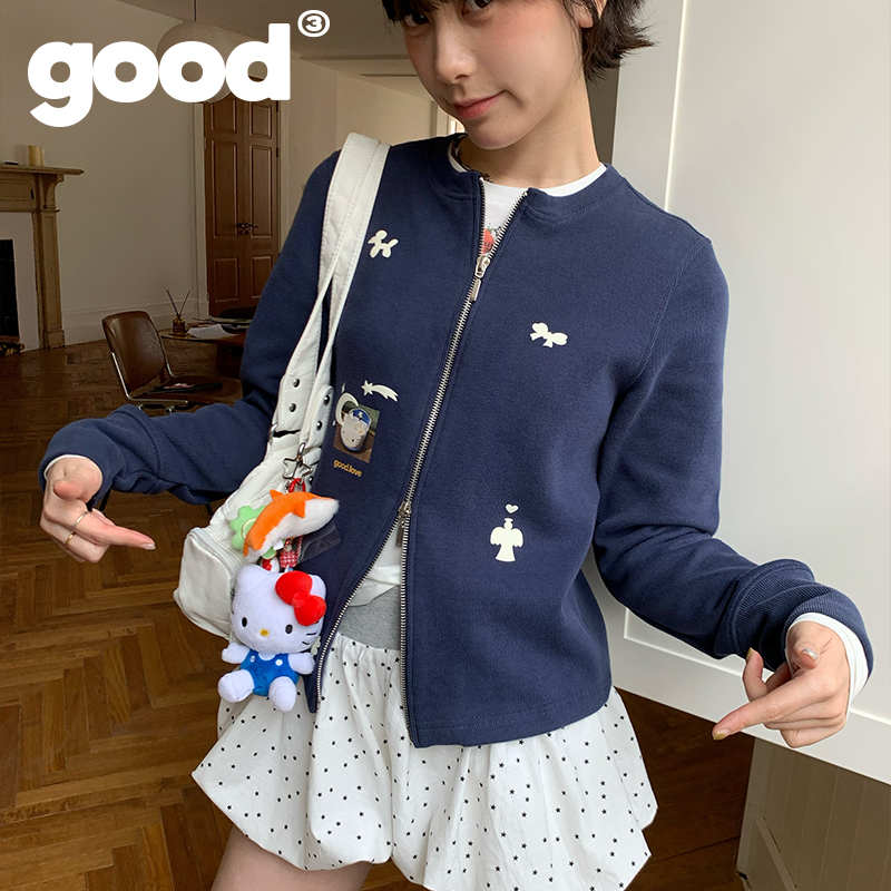 美好商店MeihaoStore藏青色小翅膀发泡图案圆领开衫小外套