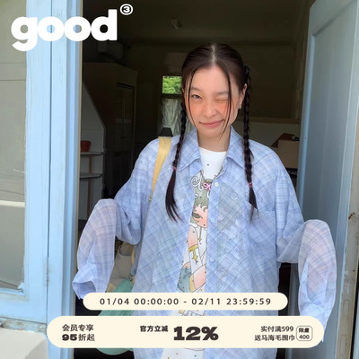 美好商店MeihaoStore夏日蓝黄色系微透轻薄格子防晒衬衫