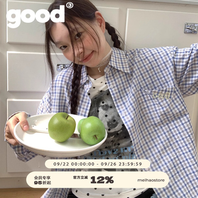 美好商店MeihaoStore夏日蓝白格纹翻袋GOOD刺绣叠穿衬衫