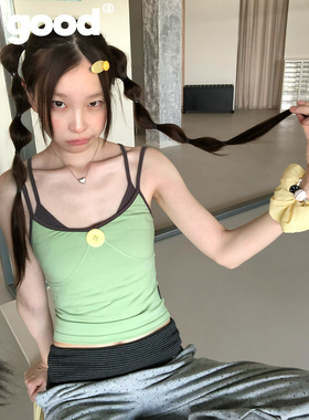 美好商店MeihaoStore「抹茶拿铁」黄色纽扣撞色灰绿假两件吊带