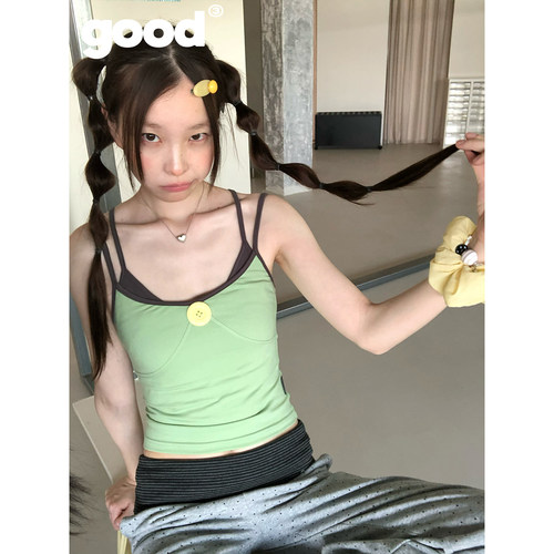 美好商店MeihaoStore「抹茶拿铁」黄色纽扣撞色灰绿假两件吊带