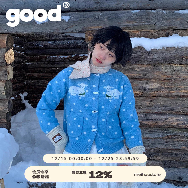 美好商店小羊波点芝麻底毛衣开衫