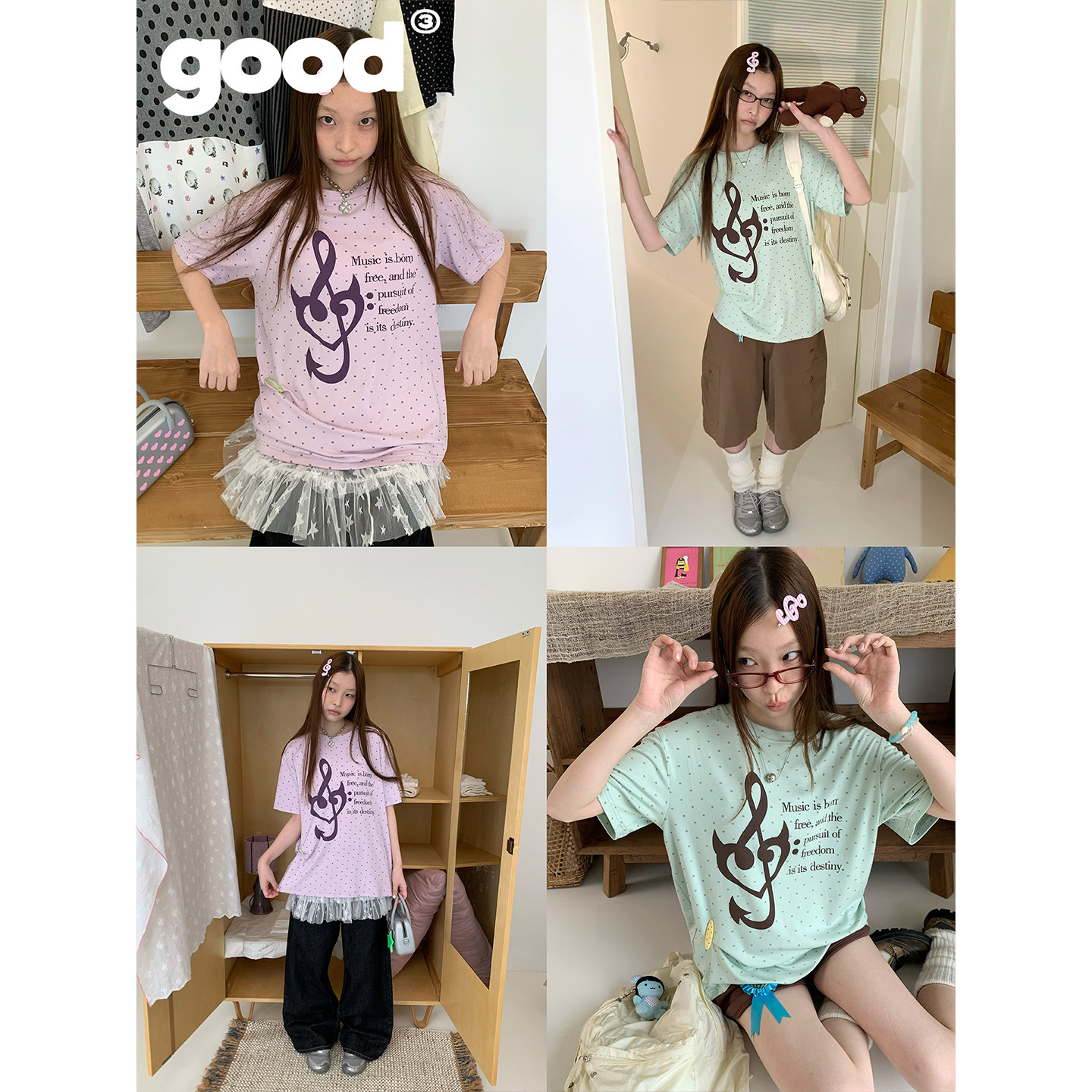 美好商店MeihaoStore「爱心电波」夏日马卡龙爱心音符宽松短袖T恤图片
