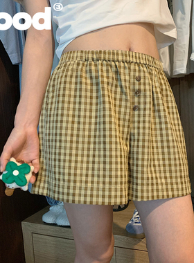 美好商店MeihaoStore花边小圈圈黄棕格子居家休闲短裤