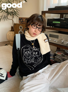 美好商店MeihaoStore「猫狗日记」爱心提花圆领黑色套头毛衣