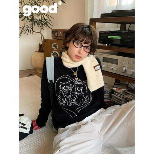 美好商店MeihaoStore「猫狗日记」爱心提花圆领黑色套头毛衣