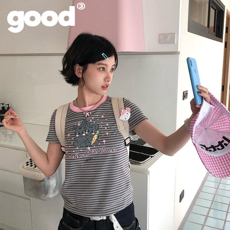 美好商店MeihaoStore小兔星球黑粉拼色条纹小板型短袖T恤