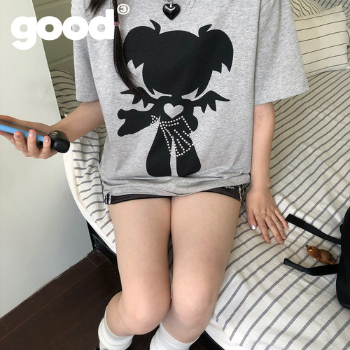 美好商店MeihaoStore恶魔剪影小女孩轻亚烫钻宽松短袖T恤