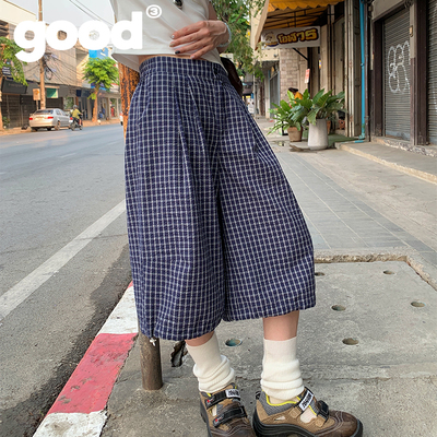 美好商店MeihaoStore中性风藏青色格纹宽松居家七分中裤