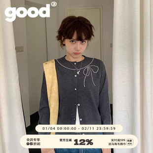 美好商店MeihaoStore格雷系珍珠烫钻蝴蝶结针织毛衣开衫