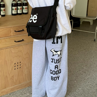 美好商店MeihaoStore灰色马赛克字母印花宽松廓形全棉街舞卫裤