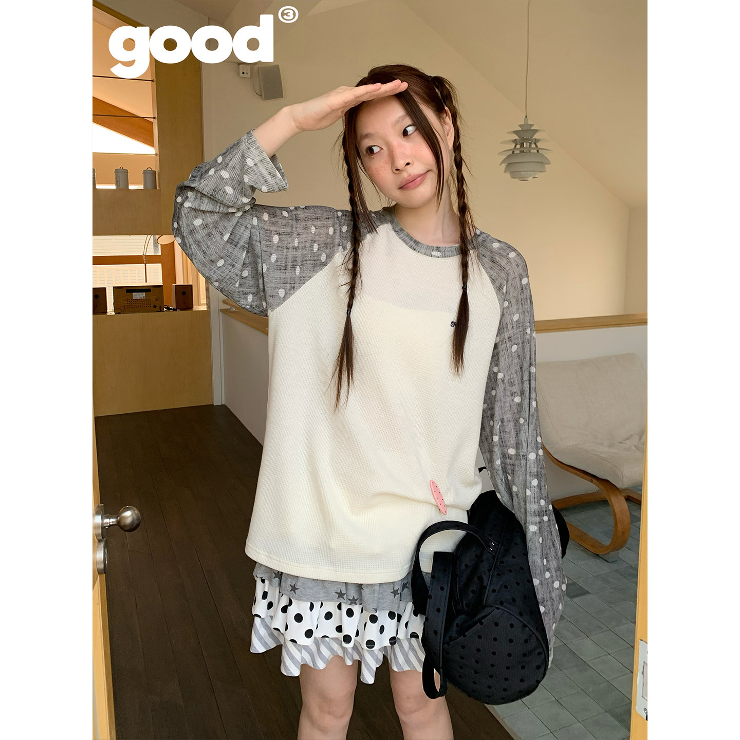 美好商店MeihaoStore「元气点点」灰白拼接波点华夫格插肩长袖T恤