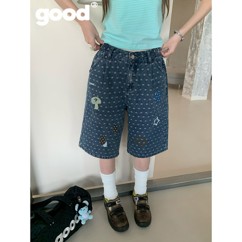 美好商店MeihaoStore「星空点点」中性深蓝色波点水洗印花牛仔裤