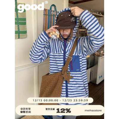 美好商店MeihaoStore「暖暖条条」风度温度兼具的蓝白羊羔绒外套