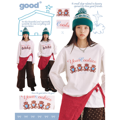 美好商店MeihaoStore「小熊饼干」软萌good字母印花全棉长袖T恤