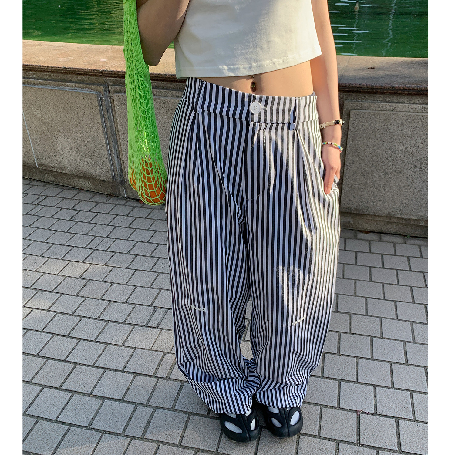 美好商店MeihaoStore经典黑白竖条纹撞色good刺绣基础百搭休闲裤