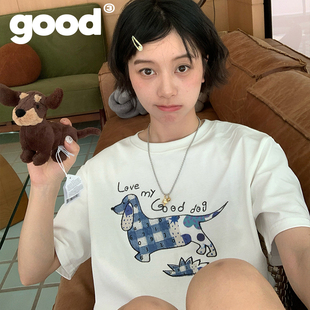 美好商店MeihaoStore蓝白拼接贴布腊肠小狗基础百搭短袖 T恤