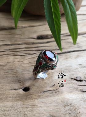 精工烧蓝镶嵌刻面蝴蝶石榴石戒指